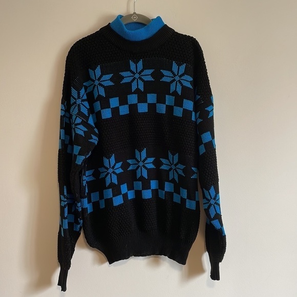 VTG VanCort Ski Sweater CL Black Blue Snowflake Mock Neck Knit 90s Baggy - Picture 1 of 15